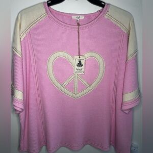 Easel Pink Waffle Knit Top with Cream Accents